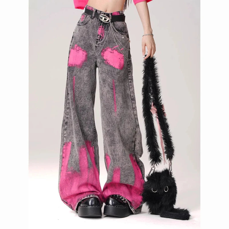 High Street Graffiti Printed Straight Leg Jeans for Women High Waist Wide Legs Loose Floor Length Pants