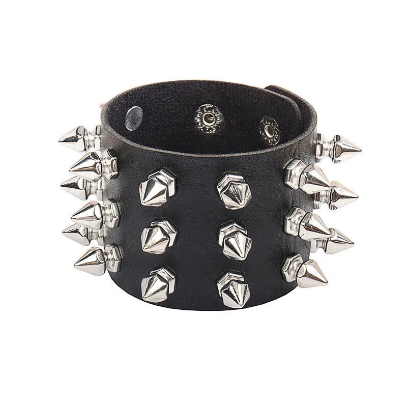 2022 Skull Star Heart Punk Gothic Rock Three Row Metal Stud Spikes Rivet Pu Leather Wristband Bangle Wide Cuff Bracelet