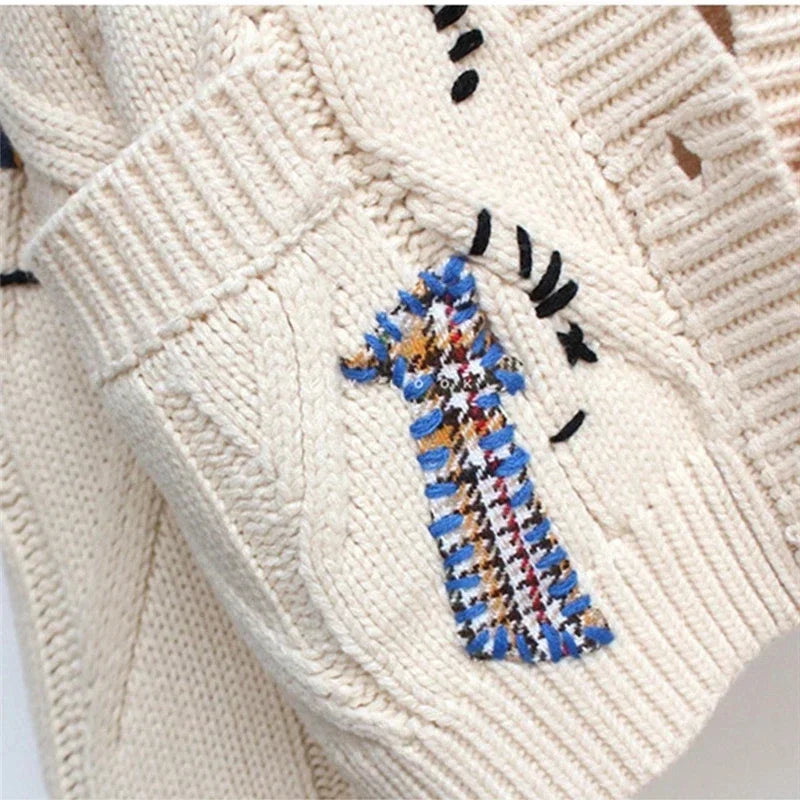 Women Warm Knitted Jacke Cardigan Sweater New Fashion Casual Pocket Embroidery Knit Oversized Cardigans Coat Lady Loose Sweaters