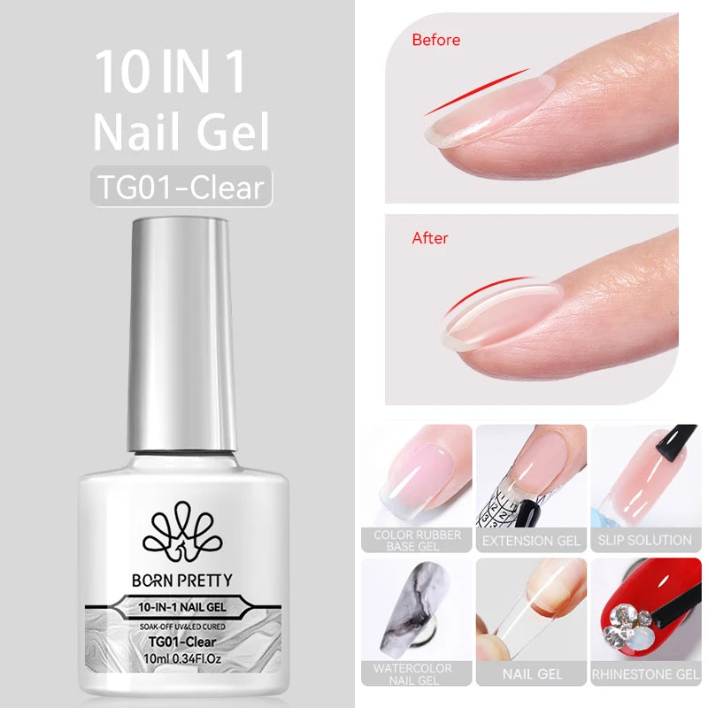 BORN PRETTY 10ML 8-in-1 Strong Nail Glue Gel Nail Polish Transparent Clear Function Gel Thickness Rubber Base Rhinestone Glue