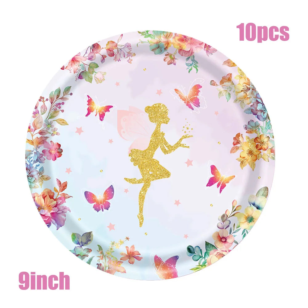 Happy Birthday Flower Fairy Girl Baby Shower Party Paper Plate Cup Cisposable Tableware Children Party Decoration Supplies Serie