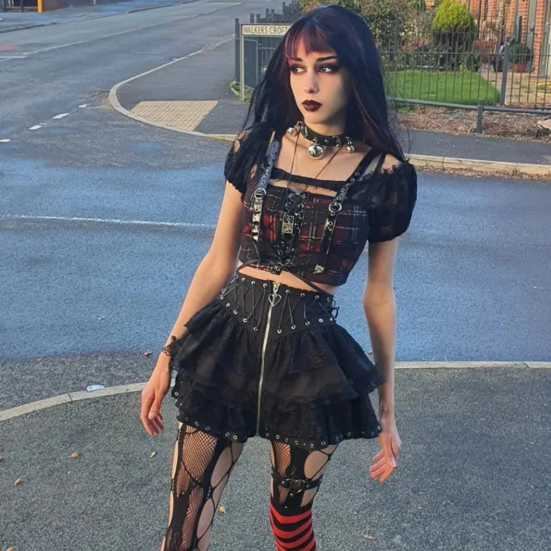 Women's Punk Vintage High Wasit Skirt Zipper Front Japanese Style Kawaii Black Harajuku Gothic Skater Cosplay Mini Skirts