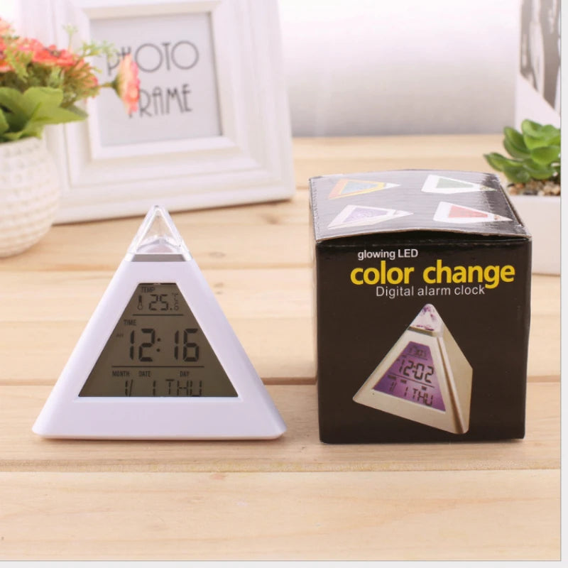 Digital LED Alarm Clock 7 Colors Changing Night lights for desktop Time Temperature Display Pyramid Shape Desk Clock Home Decor