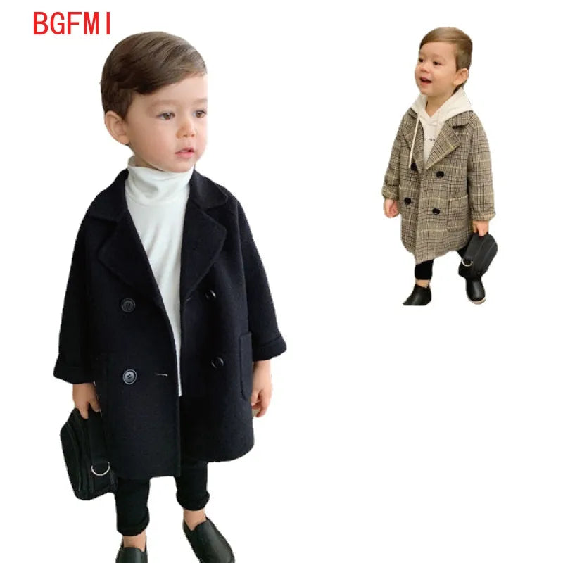 Winter Grid Jackets Boys Girl Woolen Double-breasted Baby Boy Trench Coat Lapel Autumn Kids Outerwear Coats Spring Wool Overcoat