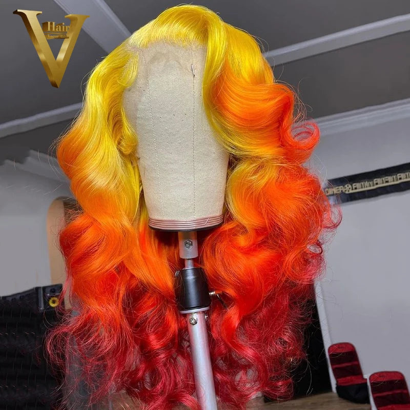 Ombre Yellow Orange Colored Human Hair Wigs For Women Red Brown Body Wave Lace Front Wig Preplucked Transparent Lace Frontal Wig