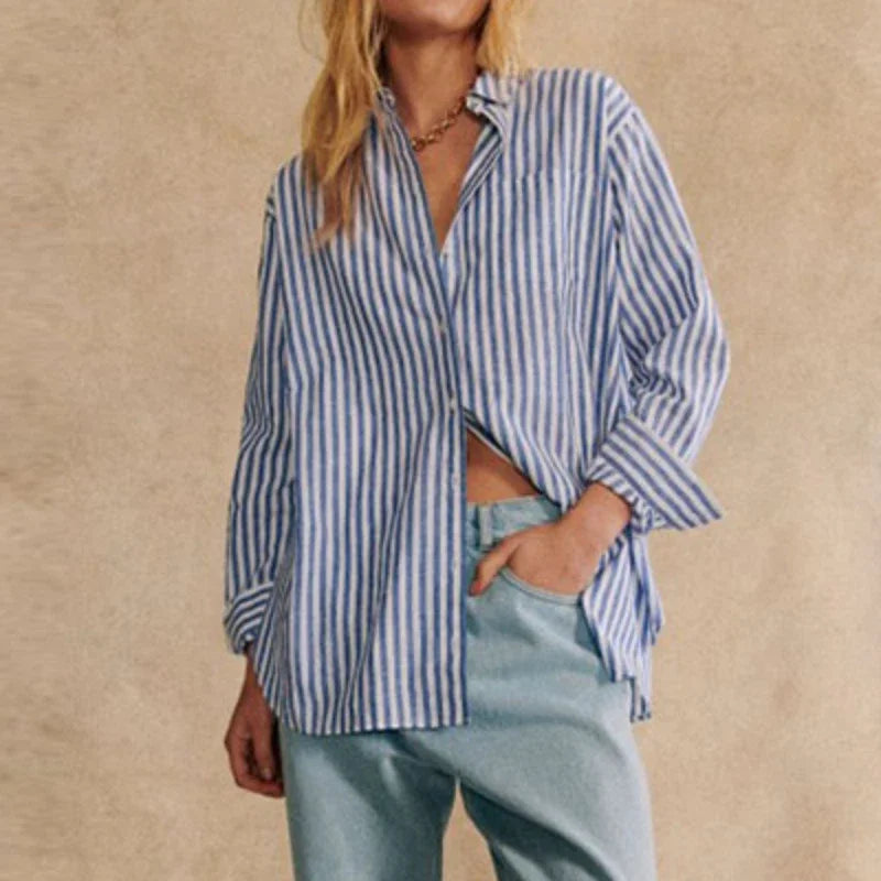 2024 Casual Korean Style Spring Autumn Women Shirts Blouses Striped Print Long Sleeve Lapel Elegant Office Lady Party Top