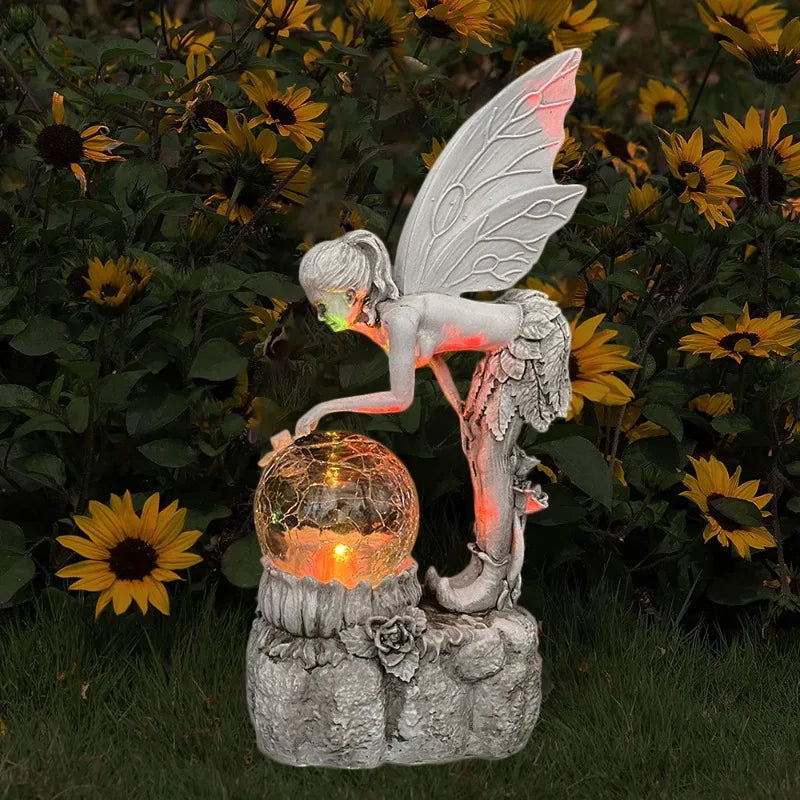 Fairy Tale Flower Fairy Decoration Garden Crystal Ball Girl Statue Solar Light Decoration Resin Crafts