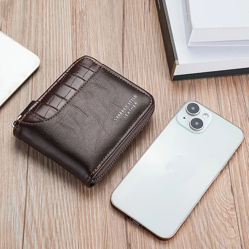 New Men Zipper Wallets Short Card Holder Male Purse Coin Pocket Photo Holder Stone Pattern Men's Wallet