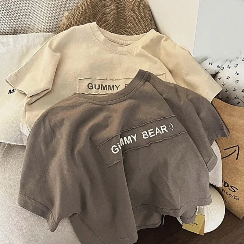 Baby Girls Boys Short Sleeved T-shirt Kid Letter Top Tees Toddler Loose Pullover 2024 Summer 1 To 8Yrs Children's Clothes Korean