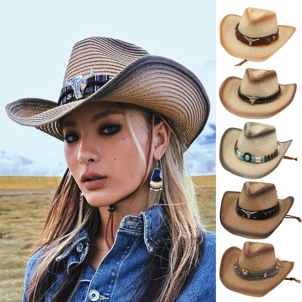 Retro Wild Straw Cowboy Hat Bull Shaped Decor Panama Hats For Men Travel Knight Country Hat Bohemian Women Beach Sunscreen Hat