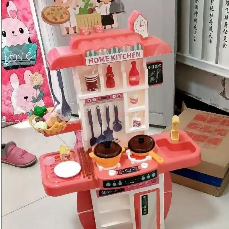 95cm Large Kids Play House Kitchen Set Spray Kitchen Girl Baby Mini Food Cooking Simulation Dining Christmas Gifts Table Toys