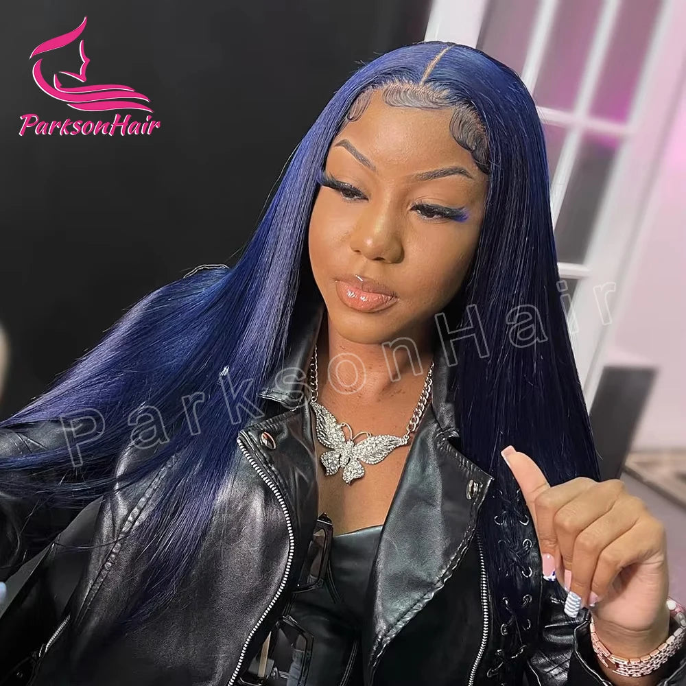 Midnight Blue Straight 13X4 HD Lace Frontal Human Hair Wigs Brazilian 13X6 Lace Front Wig Dark Blue 250% Density for Women