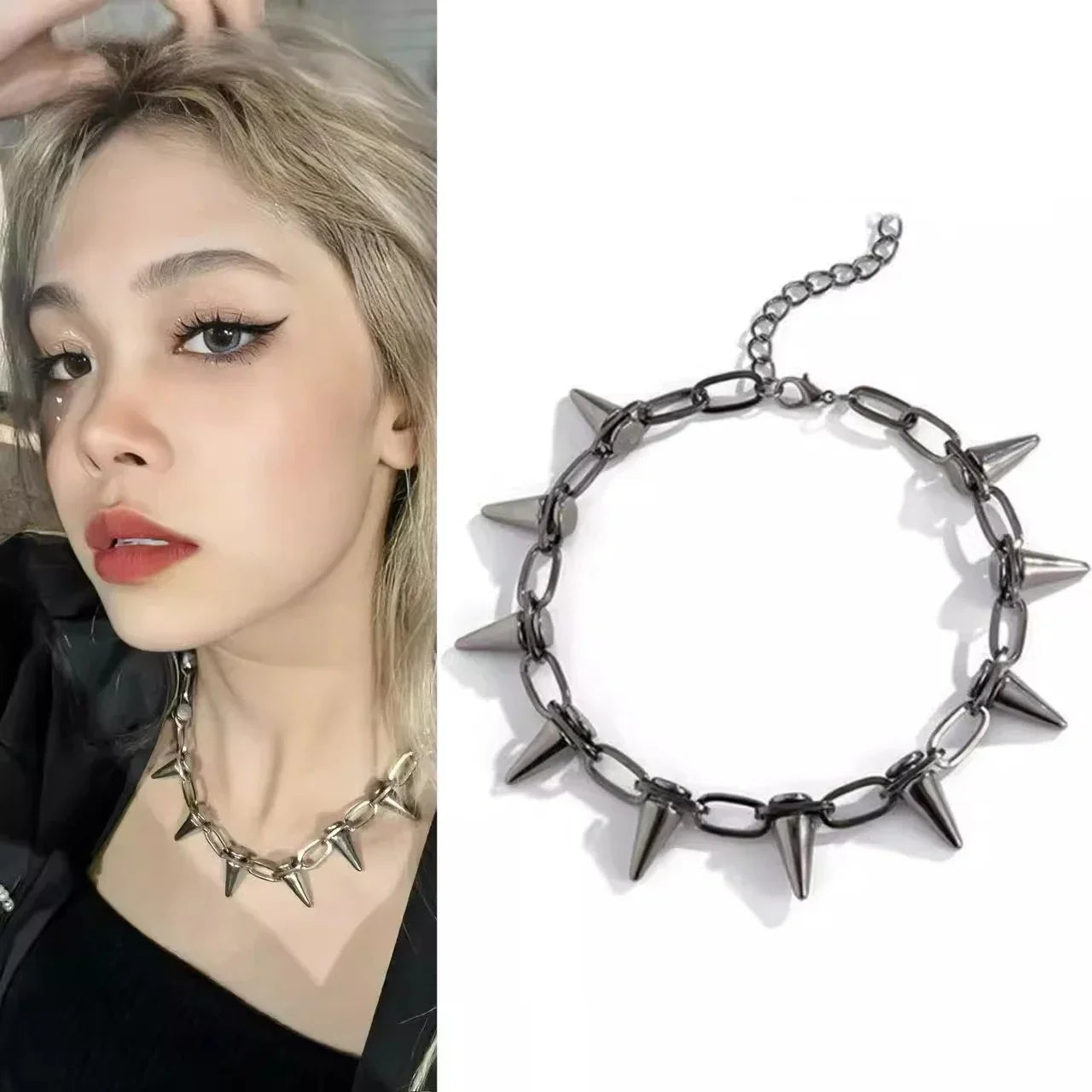 New Punk Gothic Harajuku Necklaces Handmade Womens Necklace Spike Rivet Female Chain Necklaces Exaggeration Rock Choker Jewelry
