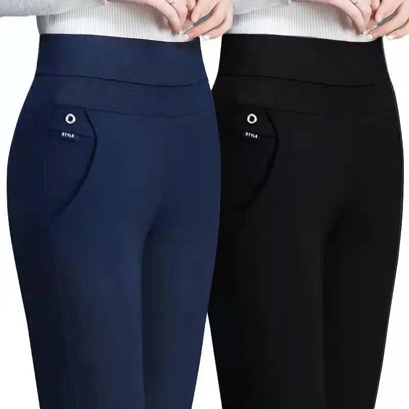 Korean Solid High Waist Elastic Bottoming Pants Spring Summer Casual Pockets Appliques Skinny Straight Trousers Women Trend