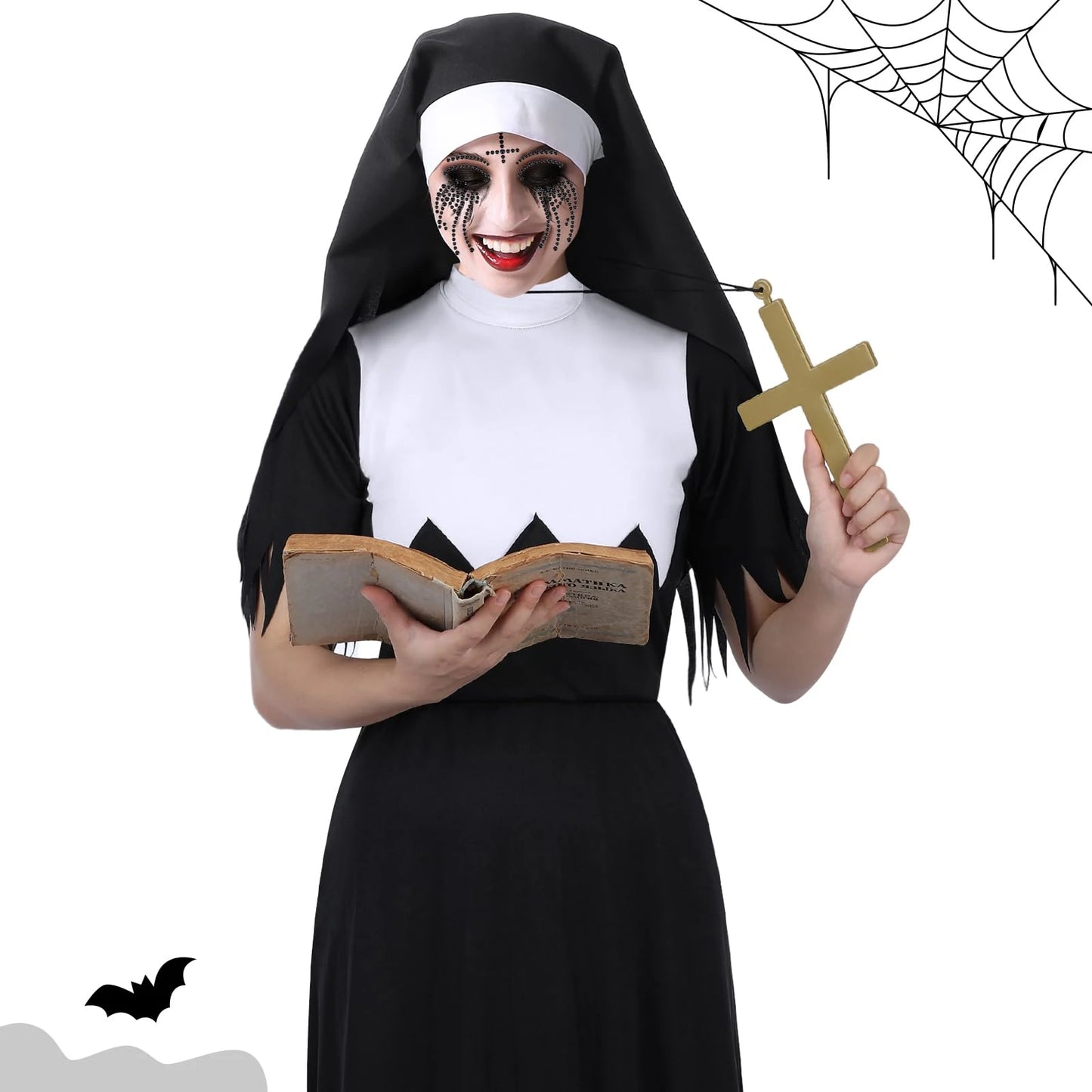 4pcs Halloween Scary Nun Costume Accessories Set ， Nun Hat Headband  Face Tattoo Sticker Nun Collar Cross Pendant Necklace