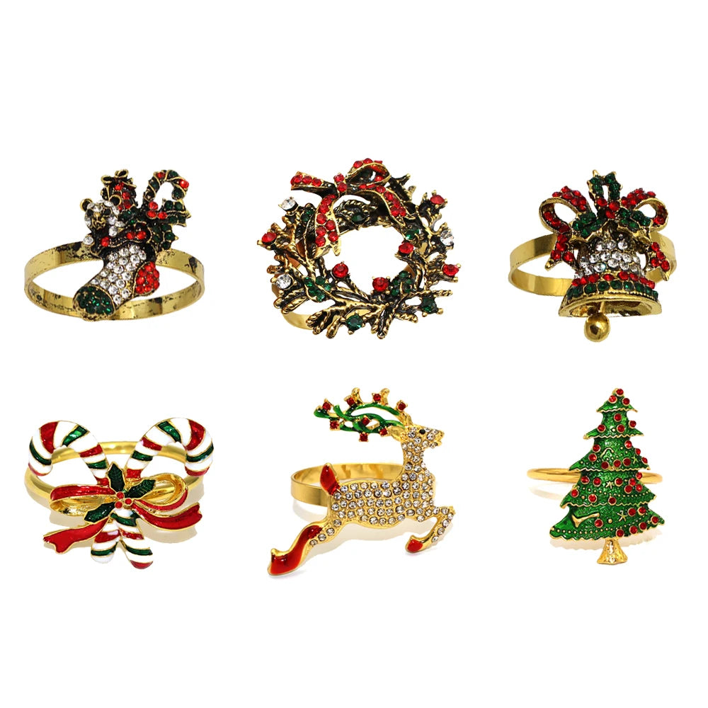 12Pcs Christmas Napkin Rings Set Xmas Tree Socks Bell Wreath Candy Cane Deer Napkin Holder for Wedding Party Dinner Table Decor