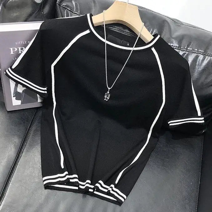 2024 New Summer Casual Patchwork Contrasting Striped Oversized Men's and Women's Ice Silk Knitted Sweater Short Sleeved T-shirt