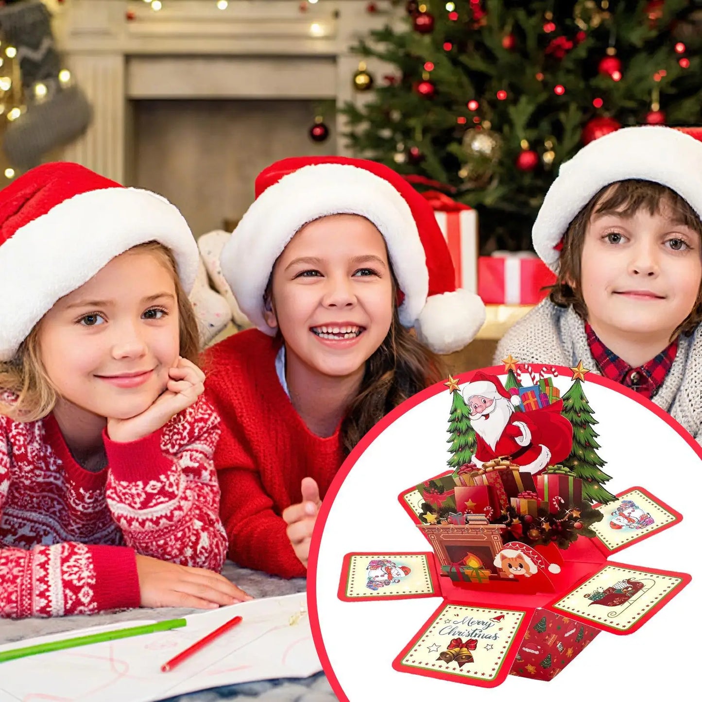 3D Pop-Up Christmas Cards Santa Design Hexagonal Holiday Ornaments with Envelopes for Home, Party, Wedding Decoration