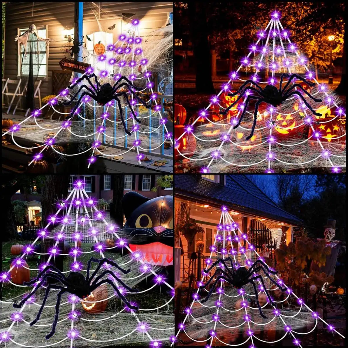 1 Pack Halloween Spider Outdoor Decoration Net Lights Including Giant Spider Web And 200LED Purple String Light For Home Decor