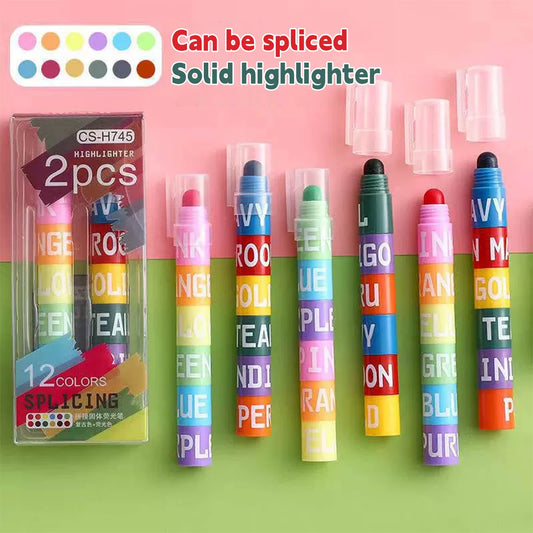 12 Color Splicing Solid Highlighter Multi-color Pen Graffiti Pen Key Line Marker Pen School Office Supplies Stationery