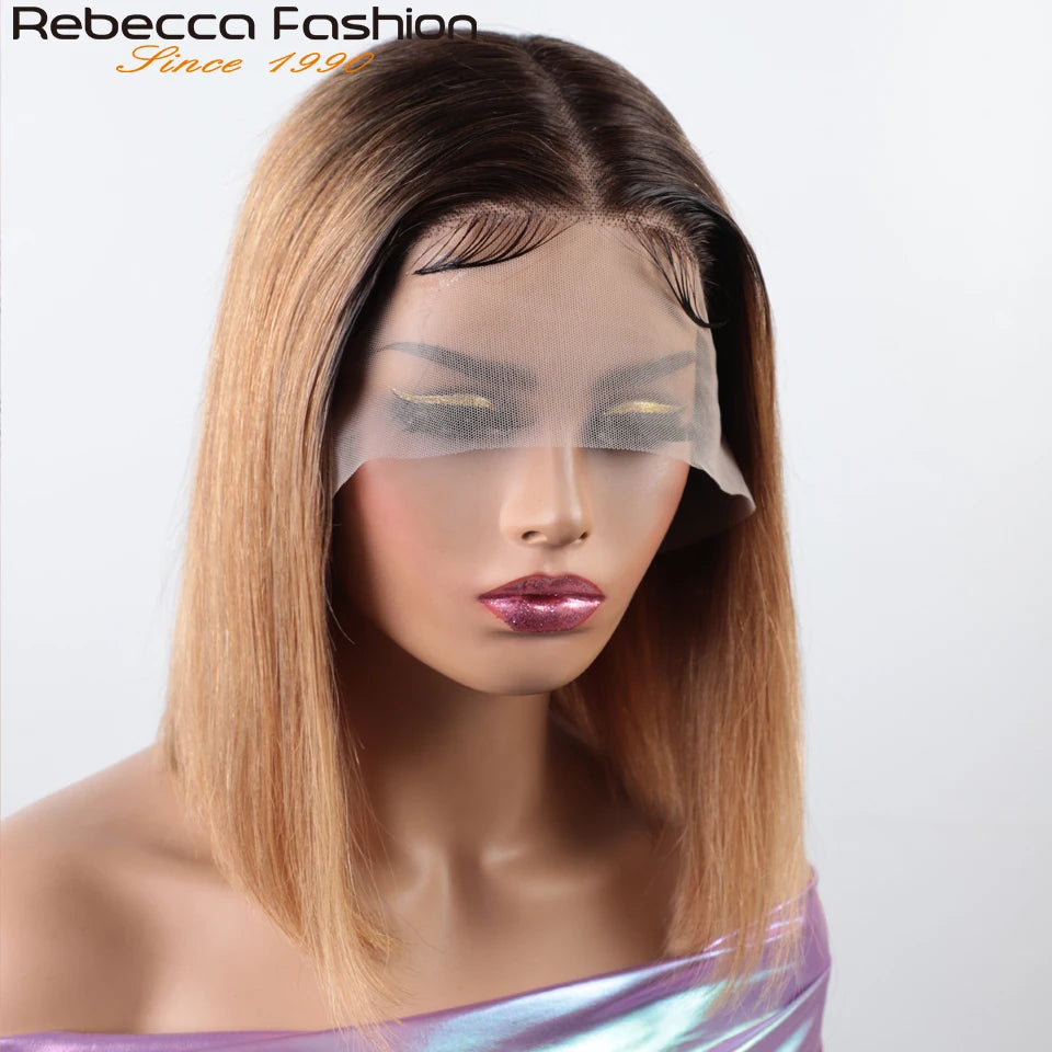 Short Cut Ginger Blonde Ombre Straight Bob T Lace Wigs Human Hair Pre Plucked Brazilian Straight Lace Front Human Hair Lace Wigs