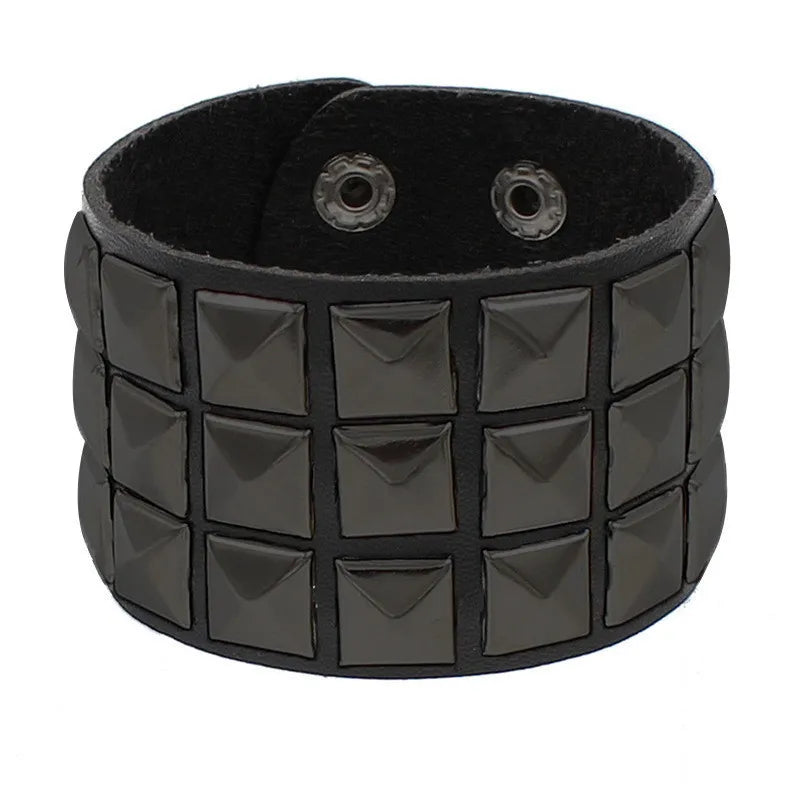 2022 Skull Star Heart Punk Gothic Rock Three Row Metal Stud Spikes Rivet Pu Leather Wristband Bangle Wide Cuff Bracelet