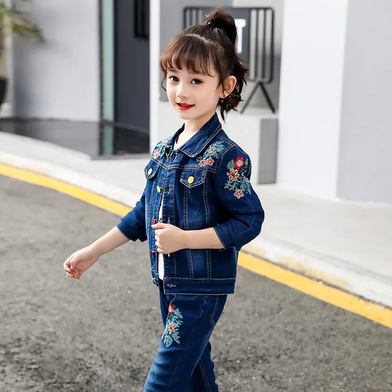 Children Girls Autumn Spring Clothing Set Baby Kids Embroidered Clothing Sets Fashion Denim jacket + Jean pant 2 pcs Suit Set