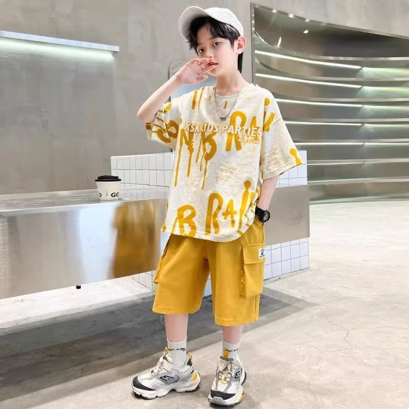 2024 Summer Boys Purple Sets Korean High Street Fashion Kids T-shirts Shorts 2 Piece Set High Quality Children's Sports Suits