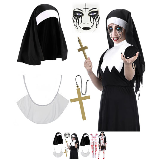 4pcs Halloween Scary Nun Costume Accessories Set ， Nun Hat Headband  Face Tattoo Sticker Nun Collar Cross Pendant Necklace