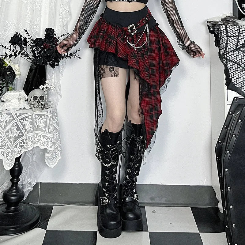 AltGoth Cyber Punk Dark Gothic Skirt Women Streetwear Harajuku Irregular Patchwork Red Plaid Skirt Hotsweet Y2k Clubwear Skirt