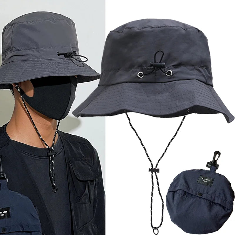 Spring Summer Fisherman Hat Drawstring Bucket Hats Outdoors Climb Travel Sunshade Cap Waterproof Foldable Portable Casual Caps