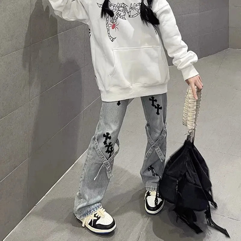 High Waist Gothic Jeans Pants for Women Baggy Cross Stitch Wide Leg Pants Harajuku Denim Streetwear Ladies Jeans