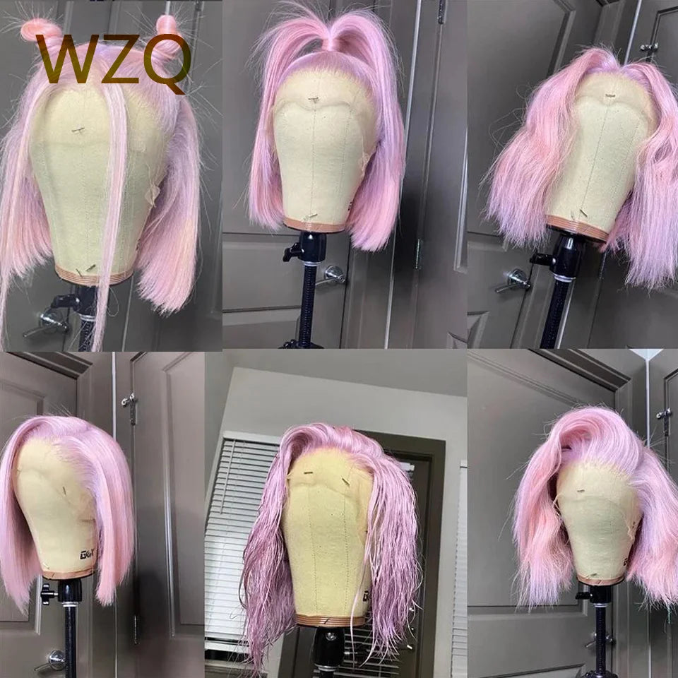 Pink Colored Short Straight Bob Lace Front Wig Mint Green Human Hair Wigs 613 Blonde Platinum HD Transparent Lace Frontal Wig