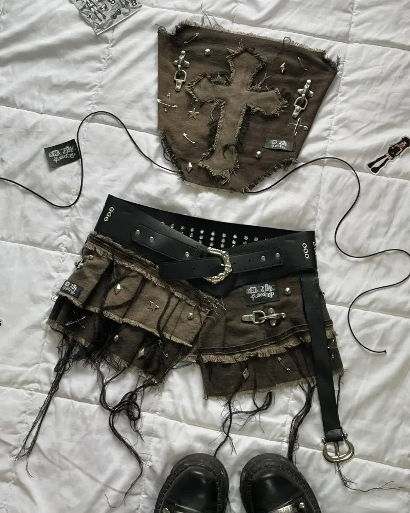 American New Fashion Cross Embroidery Patch Short Suit Female Y2K Harajuku Style Popular Sexy Spice Slim Denim Skirt Streetwear