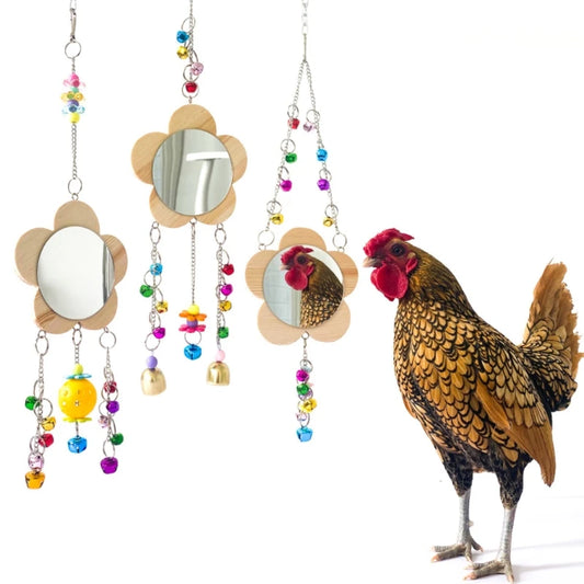 Chicken Toy Hanging Chicken Mirror Toy with Bell Wooden Pecking Toy for Coop Pet Bird Toy for macaw Parakeet Cockatiels R9CA