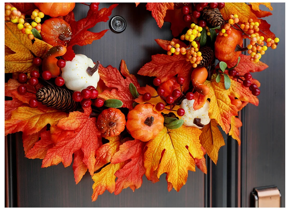45cm Fall Wreaths Pumpkin Berry Maple Leaf Artificial Wreath Harvest Autumn Front Door Wreath Christmas Halloween Home Decor