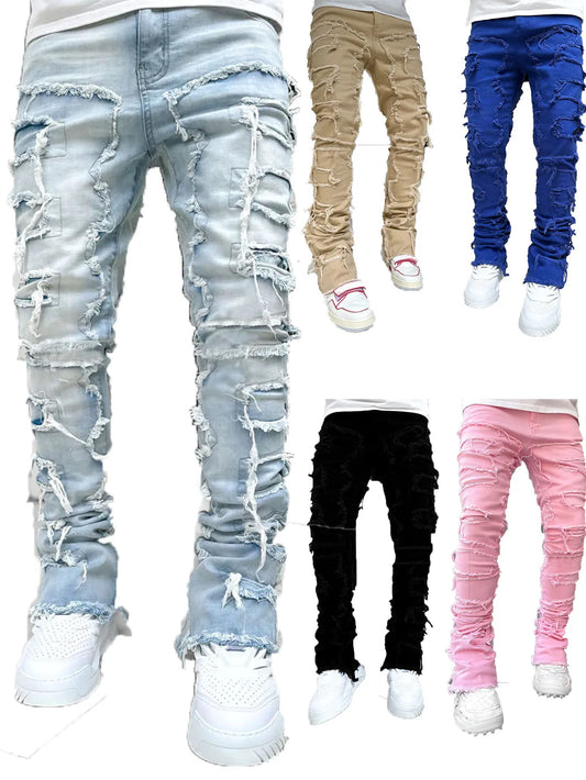 Men's Regular Fit Stacked Jeans Ripped Slim Fit Patch Distressed Destroyed Straight Denim Pants Hip Hop Streetwear Trouser Cloth