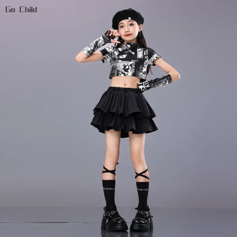 Girls Hip Hop Tassels Crop Top Street Dance Ruffled Skirts Child K-pop Shiny T-shirts Streetwear Clothes Sets Kids Jazz Costumes