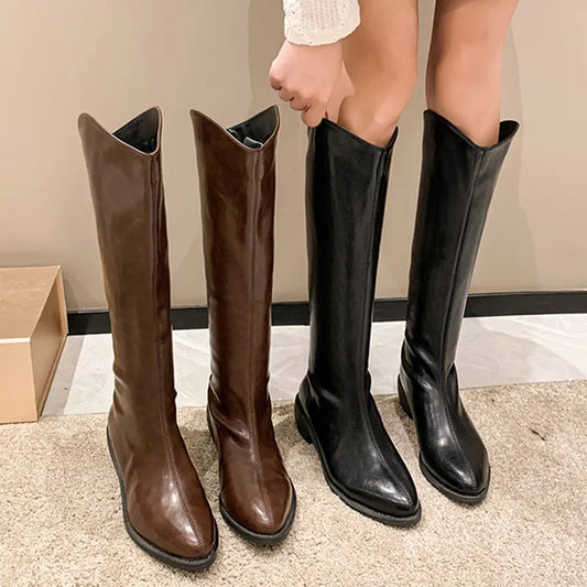 Autumn Winter Cowboy Western Boots Women Fashion Pointed Toe Thick Heels Knee High Boots Woman Back Zipper Pu Leather Long Botas