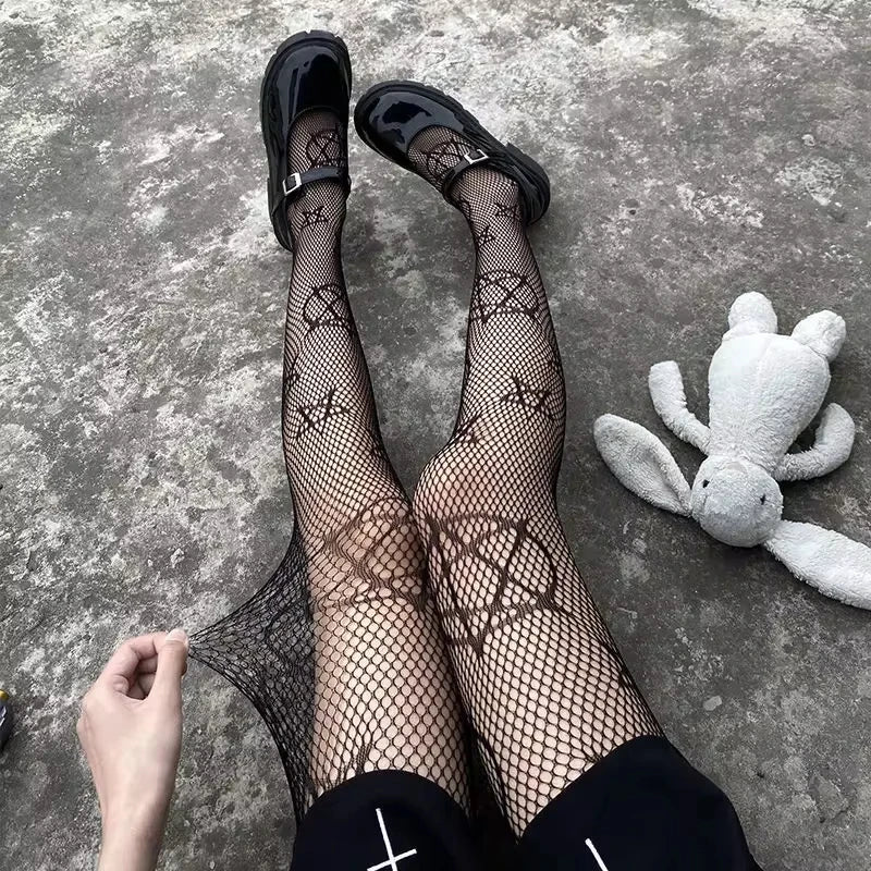 1 Piece Lolita Girls Cute Pentagram Print Leggings Feminine Gothic Punk Magic Pentagram Mesh Fishing Net Pantyhose