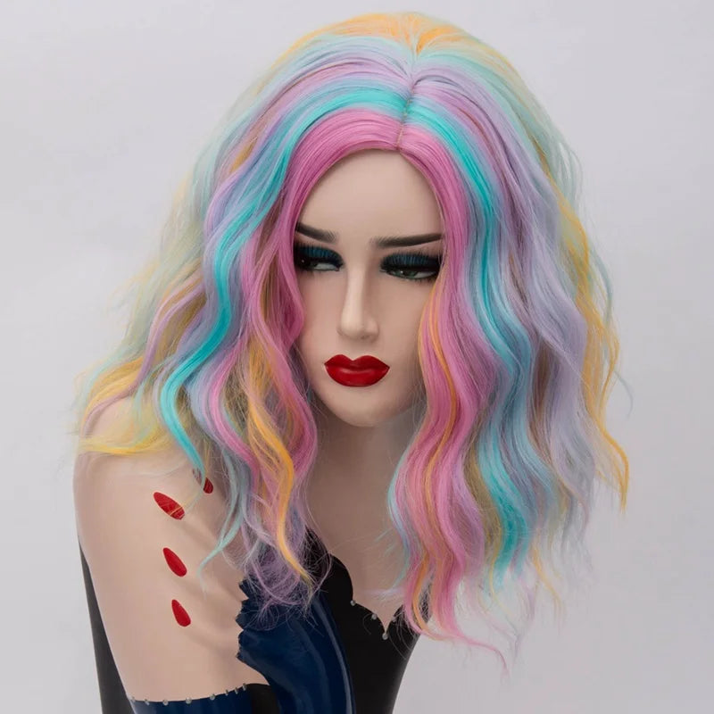 Short Cosplay Synthetic Wigs For Women Rainbow Highlights Color Wavy Wigs Side Central Hairline Cos Rose Net Ombre Hair