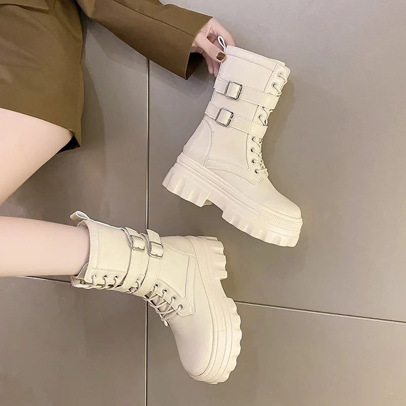 WOMEN ANKLE BOOTS Goth Boots Woman Winter 2023 Platform Shoes Sneakers Studded Belt Buckle Punk Army Chunky Heels Mid Calf Boots