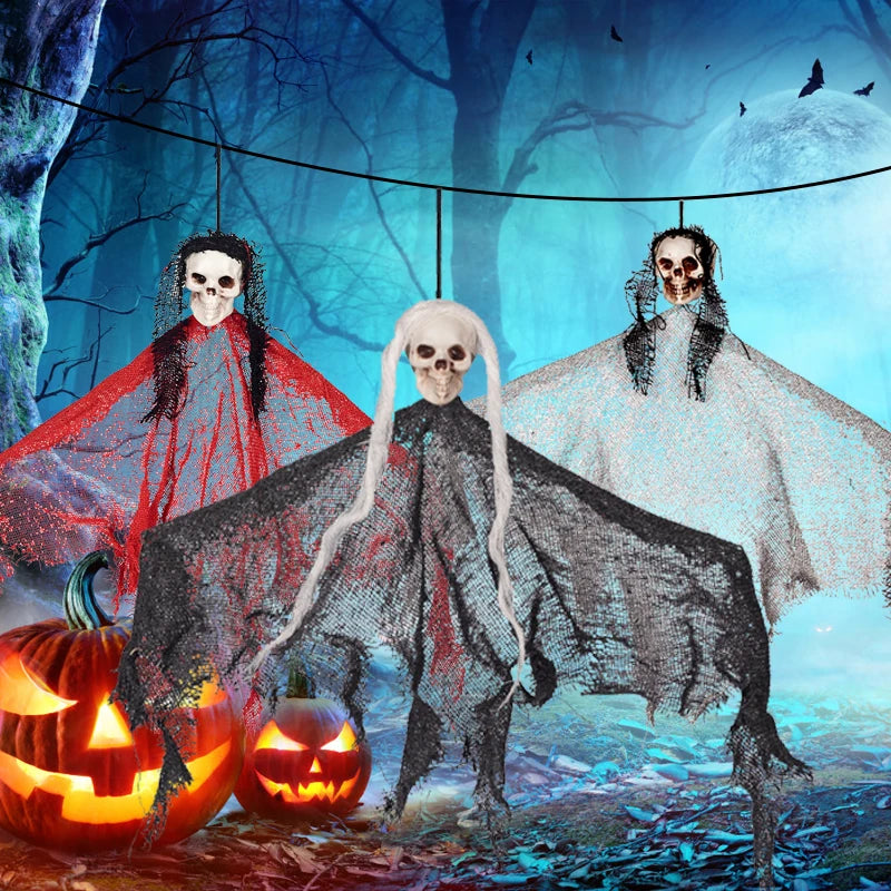 Halloween hanging skeleton ghosts, haunted house props decorating Halloween skeletons flying ghosts, outdoor interior decoration