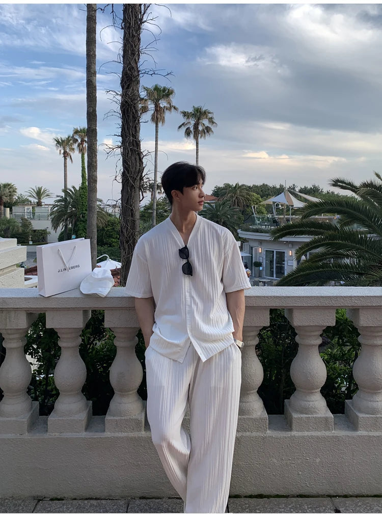 Summer Men's Loose Ice Silk Suits Fashion Casual V-neck Short Sleeve T-shirt And Pants Drape Two-piece Sets Men Clothes