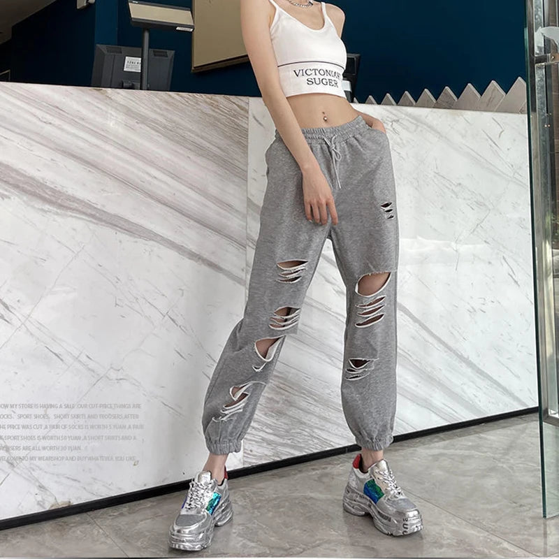 MEXZT Fashion Hole Streetwear Women Harem Pants Summer Harajuku Hollow Out High Waist Elastic Sweatpants Casual Korean Y2k Pants