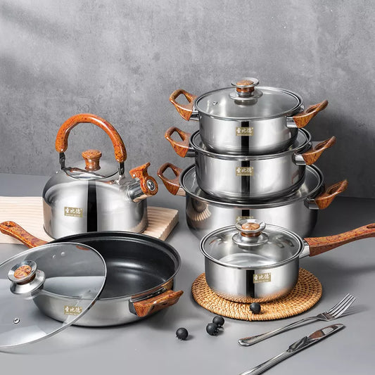 12 Piece Stainless Steel Pot  Wooden Handle With Kettle Korean Style Cooking Pan Kitchen Cookware Non Stick Cooking Pot Set