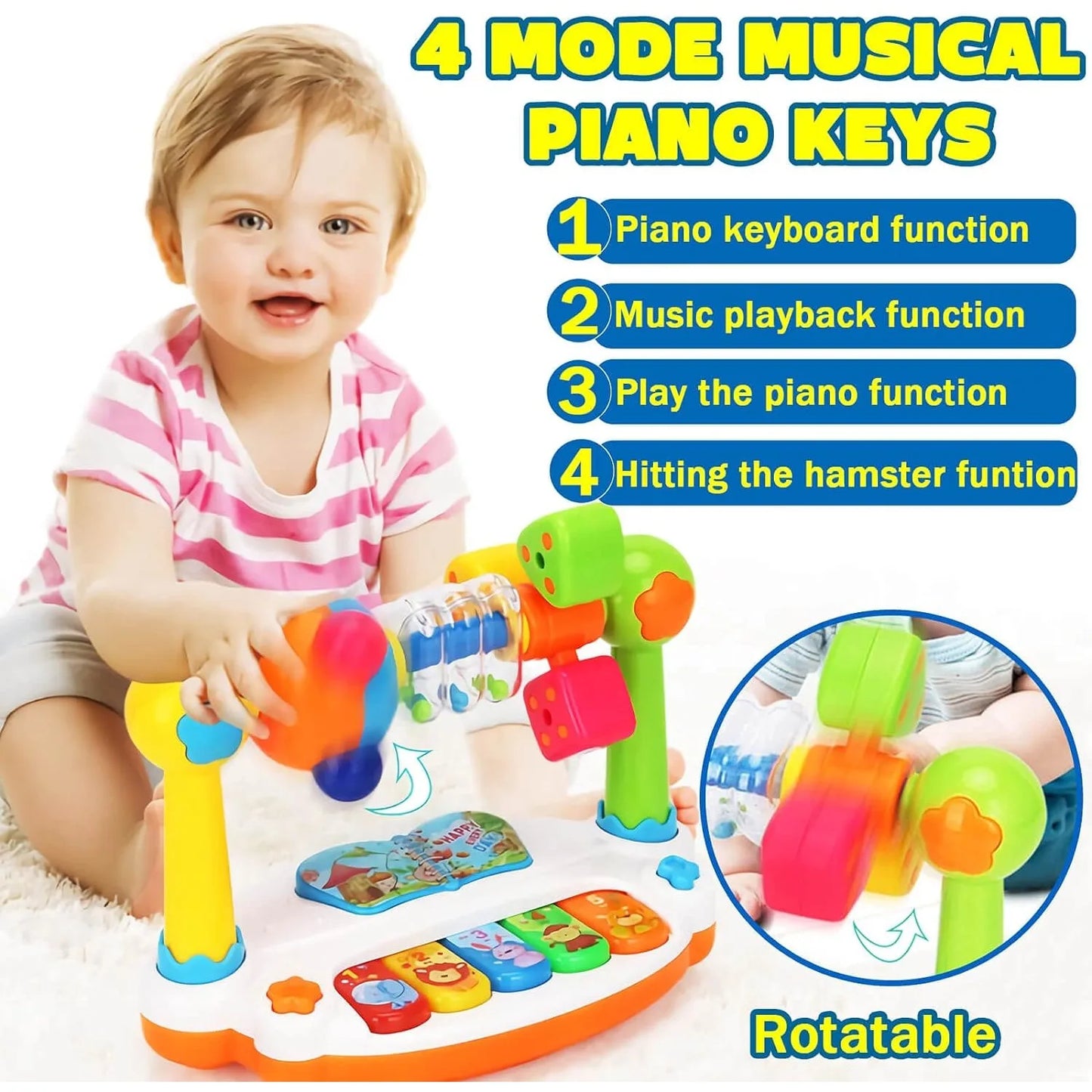 Baby Piano Toys Kids Rotating Music Piano Keyboard with Light Sound, Musical Toys for Toddlers, Early Educational Music Toy