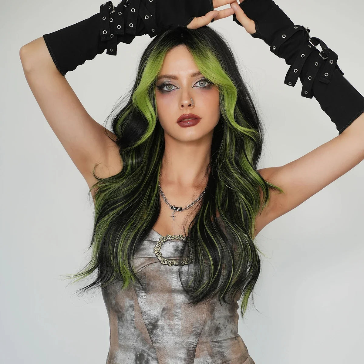 PARK YUN Long Loose Body Wave Black Hair Wig Highlight Green Curtain Bangs High Density Synthetic Layered Middle Part Wigs