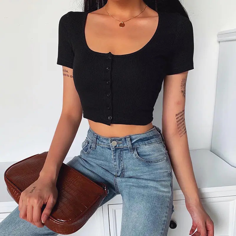 90S Vintage Y2k Cropped Top Woman Korean Fashion Kpop T-shirt Women Buttons Skinny Sexy White Knit Tee Shirt Japanese Clothes