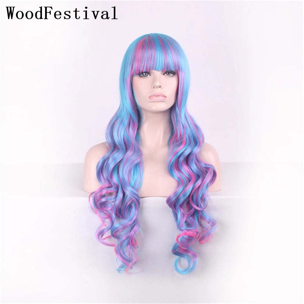 Synthetic Hair Blue Rainbow Wig With Bangs Wavy Party Cosplay Female Wigs For Women Long Anime Wig Colored Red Pink Brown Yellow